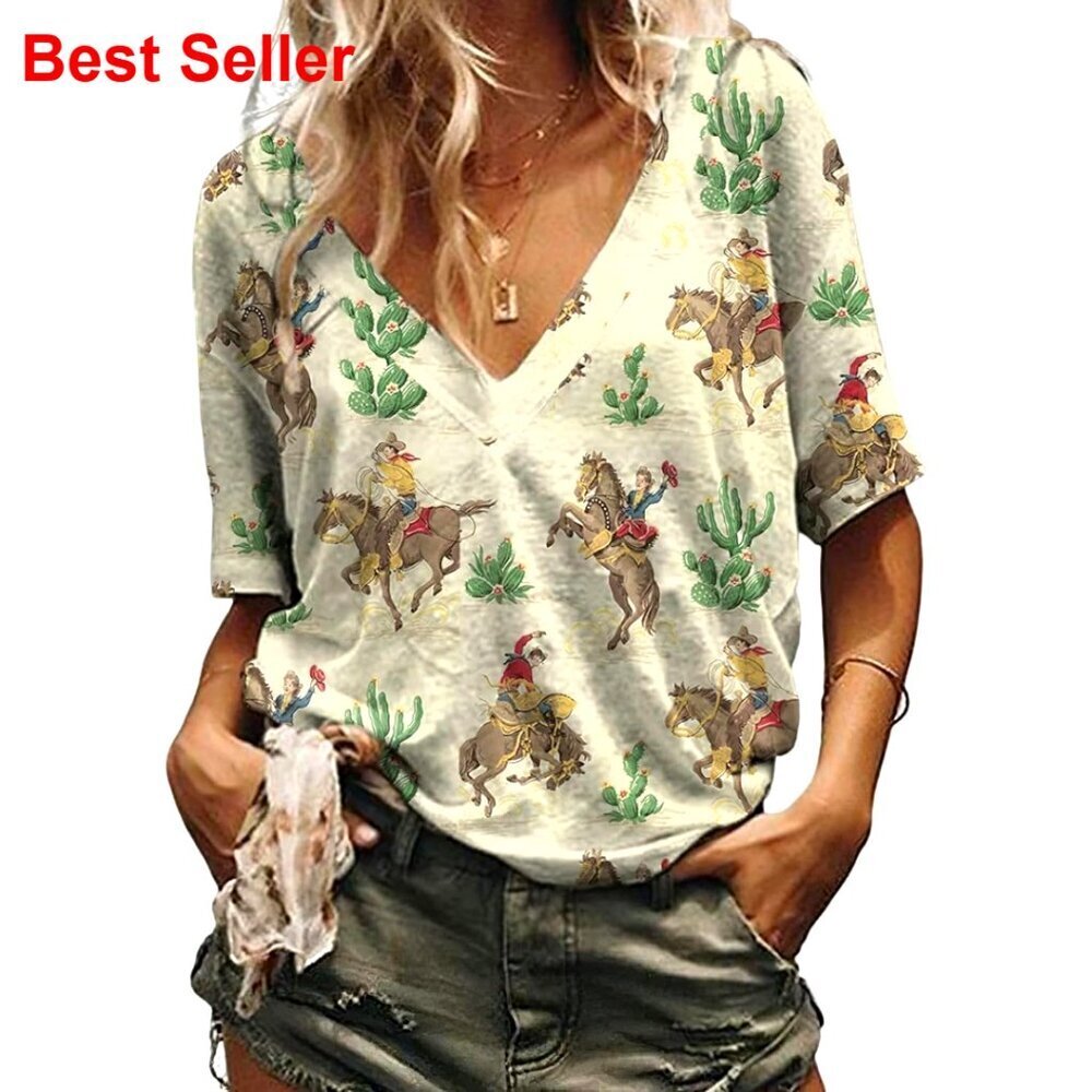 Vintage Western Cactus Horse V-Neck T-Shirt, Short Sleeve, Loose Fit